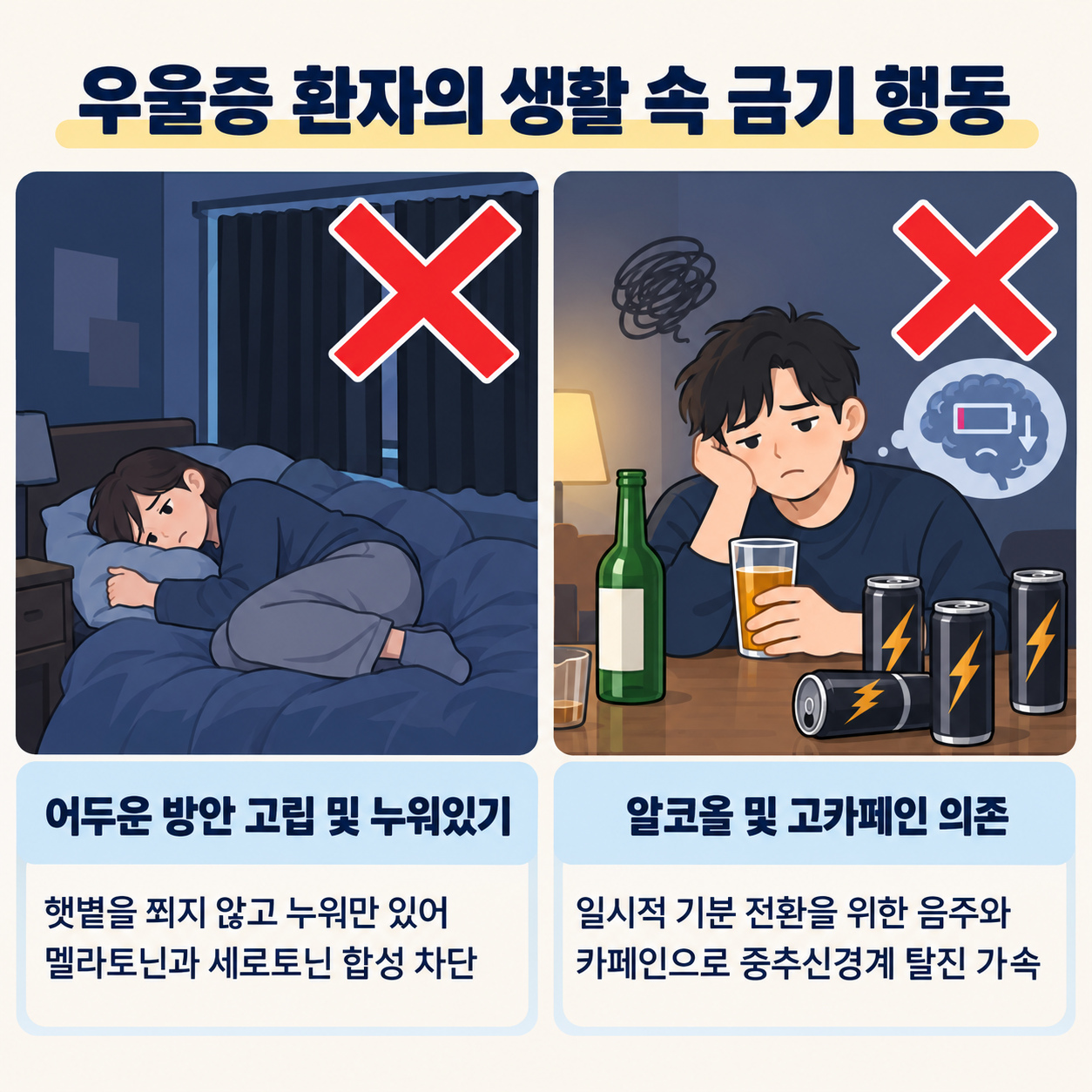 우울증 환자의 생활 속 금기 행동 인포그래픽