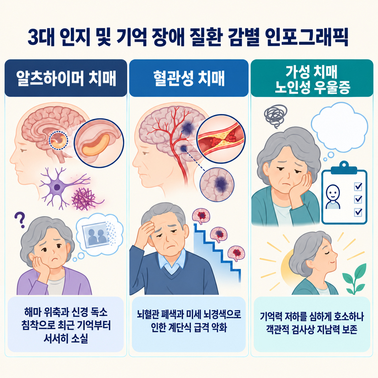 3대 인지 및 기억 장애 질환 감별 인포그래픽
