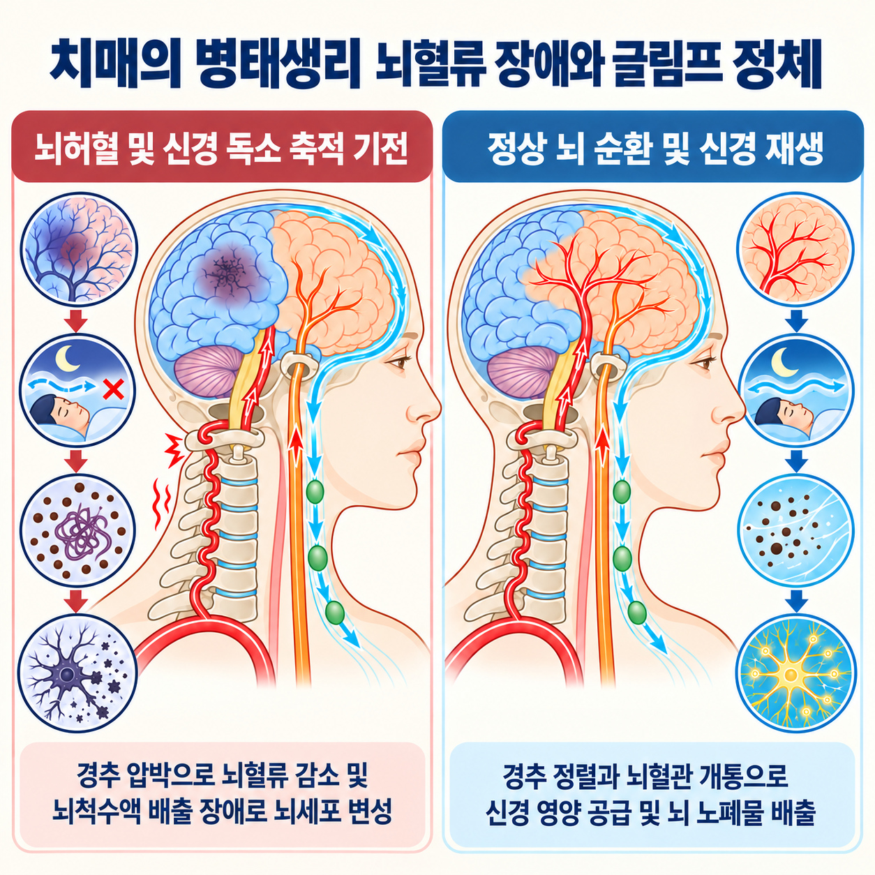 치매의 병태생리 뇌혈류 장애와 글림프 정체 인포그래픽