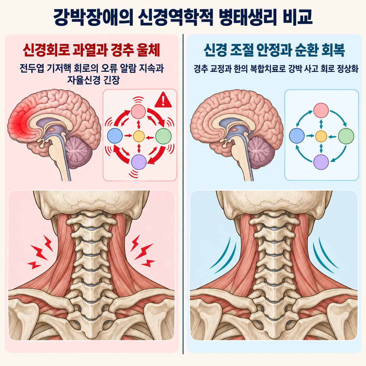 강박장애 신경역학적 병태생리 비교 인포그래픽