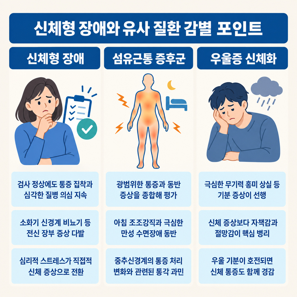 신체형 장애와 유사 질환 감별 포인트 인포그래픽